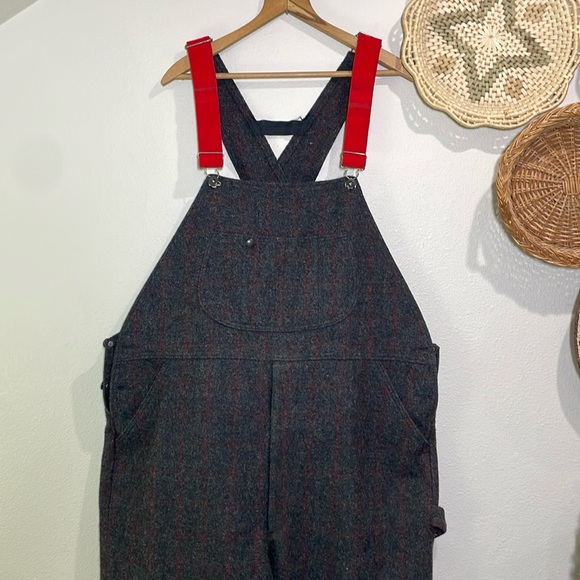 Vintage Woolrich Malone Wool Gray Red Plaid Bibs 1994 Wool Pant USA 65” Large - Picture 1 of 15